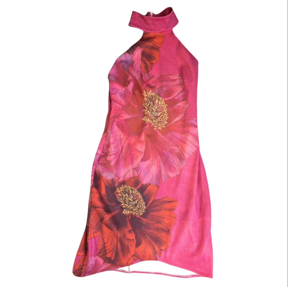 Lanca Perfume pink floral print halter style zip up mini dress